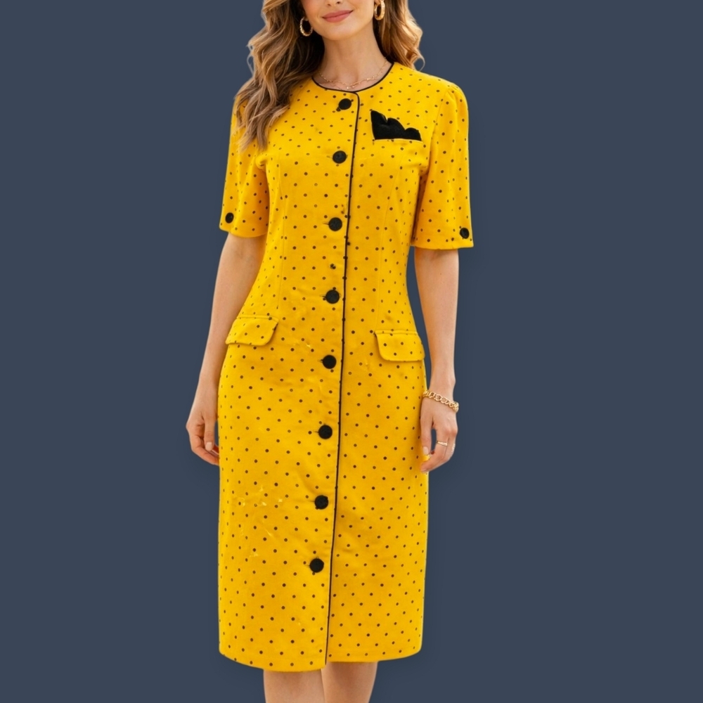 VTG MHM Melissa Harper Canary Yellow Polka Dot Retro Sheath Shirt Dress